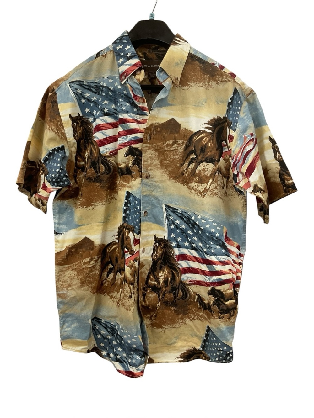 Bit & Bridle Patriotic Horse Print Button-Up Shirt - Brown/Blue